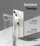 iPhone 14 Plus Case | Fusion - Clear phone case showing hard PC back, soft TPU frame, and lanyard holes with descriptive text.