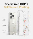 iPhone 14 Pro Case | Fusion Design - Exploded view showing layers of a floral phone case with DDP and silk screen printing.
