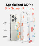 iPhone 14 Pro Case | Fusion Design - Diagram showing layers of floral print on a clear phone case with DDP and silk screen.