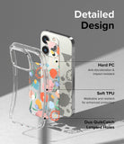 iPhone 14 Pro Case | Fusion Design - Exploded view of a floral iPhone case highlighting hard PC, soft TPU, and lanyard holes.