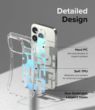 iPhone 14 Pro Case | Fusion Design - Exploded view of a clear phone case highlighting hard PC, soft TPU, and lanyard holes.