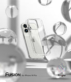 iPhone 14 Pro Case | Fusion Matte - Clear phone case floating in front of an iPhone 14 Pro surrounded by glass spheres.