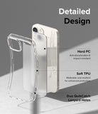 iPhone 14 Plus Case | Fusion Matte - Exploded view of phone case showing hard PC, soft TPU, and lanyard holes.