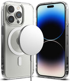 iPhone 14 Pro Case | Fusion Magnetic Matte - Clear phone case with magnetic charger attached to the back of an iPhone.