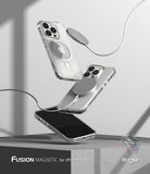 [Combo] iPhone 14 Pro | Folio Wallet Magnetic + Fusion Magnetic - Three clear iPhone 14 Pro cases floating with magnetic chargers.