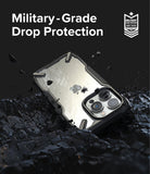iPhone 14 Pro Case | Fusion-X - iPhone 14 Pro in a black Fusion-X case resting on dark, rugged terrain with military-grade drop protection text.