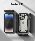 iPhone 14 Pro Case | Fusion-X - Exploded view of a black protective phone case surrounding an iPhone 14 Pro on a gray background.