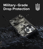 iPhone 14 Pro Case | Fusion-X - Camouflage phone case on dark, rocky terrain with military-grade drop protection text.