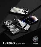 iPhone 14 Pro Case | Fusion-X - Three iPhone 14 Pro phones with rugged Fusion-X cases in clear and camo patterns on a black surface.