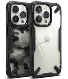 iPhone 14 Pro Max Case | Fusion-X - Two iPhone 14 Pro Max phones with black rugged cases, one with camo and one clear back.