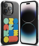 iPhone 14 Pro Case | Onyx Design - Black phone case with colorful geometric shapes and an iPhone 14 Pro screen view.