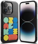 iPhone 14 Pro Case | Onyx Design - Black phone case with colorful geometric shapes and an iPhone 14 Pro screen view.