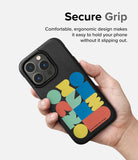 iPhone 14 Pro Max Case | Onyx Design - Hand holding a black phone case with colorful geometric shapes and text.