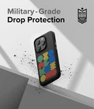 iPhone 14 Pro Case | Onyx Design - Black phone case with colorful geometric shapes against a gray background.