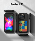 iPhone 14 Pro Case | Onyx Design - Black phone case with colorful geometric shapes, shown from multiple angles.