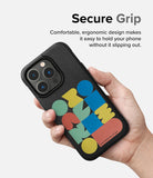 iPhone 14 Pro Case | Onyx Design - Hand holding a black phone case with colorful geometric shapes and textured finish.