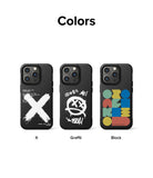 iPhone 14 Pro Case | Onyx Design - Three black phone cases featuring X, graffiti, and colorful block graphic designs.