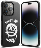 iPhone 14 Pro Case | Onyx Design - Black case with white graffiti-style smiley face and text on a textured back.