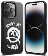 iPhone 14 Pro Case | Onyx Design - Black case with white graffiti-style smiley face and text on a textured back.