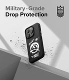 iPhone 14 Pro Case | Onyx Design - Black phone case with white graffiti smiley face art and military-grade drop protection badge.