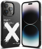 iPhone 14 Pro Case | Onyx Design - Black case with a large white brushstroke X and technical error text on the back.