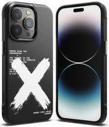 iPhone 14 Pro Case | Onyx Design - Black case with a large white brushstroke X and technical error text on the back.