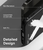 iPhone 14 Pro Max Case | Onyx Design - Close-up of black phone case highlighting non-slip texture, lanyard holes, and TPU material.
