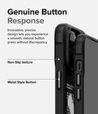 iPhone 14 Pro Case | Onyx Design - Close-up of a black phone case showing textured sides and metallic buttons with descriptive labels.