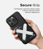 iPhone 14 Pro Max Case | Onyx Design - Hand holding a black phone case with a white brushstroke X and technical text.