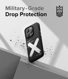 iPhone 14 Pro Case | Onyx Design - Black phone case with white X graphic and text, floating against a gray background with debris.