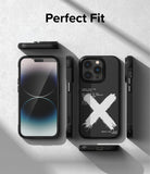 iPhone 14 Pro Max Case | Onyx Design - Black phone case with white X graphic and text, shown from front, back, and sides.