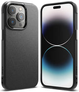 iPhone 14 Pro Case | Onyx - Matte black textured phone case shown from the back and front on an iPhone 14 Pro.