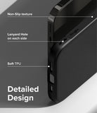 iPhone 14 Pro Case | Onyx - Close-up of black phone case highlighting non-slip texture, lanyard holes, and soft TPU material.