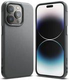 iPhone 14 Pro Case | Onyx - Front and back view of a textured dark gray phone case on an iPhone 14 Pro.