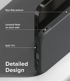 iPhone 14 Pro Case | Onyx - Close-up of black phone case highlighting non-slip texture, lanyard holes, and soft TPU material.