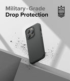 iPhone 14 Pro Case | Onyx - Black phone case floating above concrete with military-grade drop protection text and badge.
