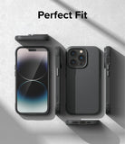iPhone 14 Pro Case | Onyx - Multiple views of a black phone case showing front, back, sides, and port cutouts on a gray surface.