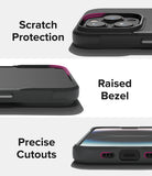 iPhone 14 Pro Case | Onyx - Close-ups of phone case features: camera scratch protection, raised screen bezel, and precise cutouts.