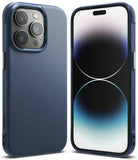 iPhone 14 Pro Case | Onyx - Navy blue textured protective case shown from the back and front on an iPhone 14 Pro.