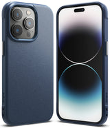 iPhone 14 Pro Case | Onyx - Navy blue textured protective case shown from the back and front on an iPhone 14 Pro.