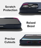 iPhone 14 Pro Case | Onyx - Three close-up views showing scratch protection, raised screen bezels, and precise port cutouts.