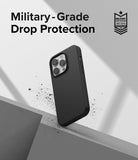 iPhone 14 Pro Case | Silicone - Black phone case floating above a geometric surface with military-grade protection text.