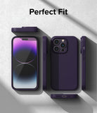 iPhone 14 Pro Case | Silicone - Purple silicone phone case shown from multiple angles with a phone screen display.