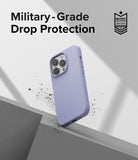 iPhone 14 Pro Case | Silicone - Lavender silicone case on an iPhone 14 Pro with military-grade drop protection text.