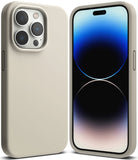 iPhone 14 Pro Max Case | Silicone - Beige silicone case shown from back and front on an iPhone 14 Pro Max.