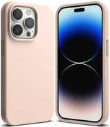 iPhone 14 Pro Case | Silicone - Light pink silicone case shown from the back and front on an iPhone 14 Pro.