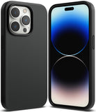 iPhone 14 Pro Case | Silicone - Matte black silicone case shown from back and front on an iPhone 14 Pro.