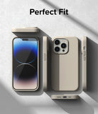 iPhone 14 Pro Case | Silicone - Beige silicone case shown from multiple angles around an iPhone 14 Pro on a textured surface.