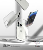 iPhone 14 Pro Case | Slim - Multiple clear, slim phone cases floating around an iPhone 14 Pro against a white background.