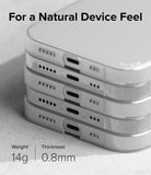 iPhone 14 Pro Case | Slim - Stack of five slim iPhone cases showing charging ports, weighing 14g with 0.8mm thickness.